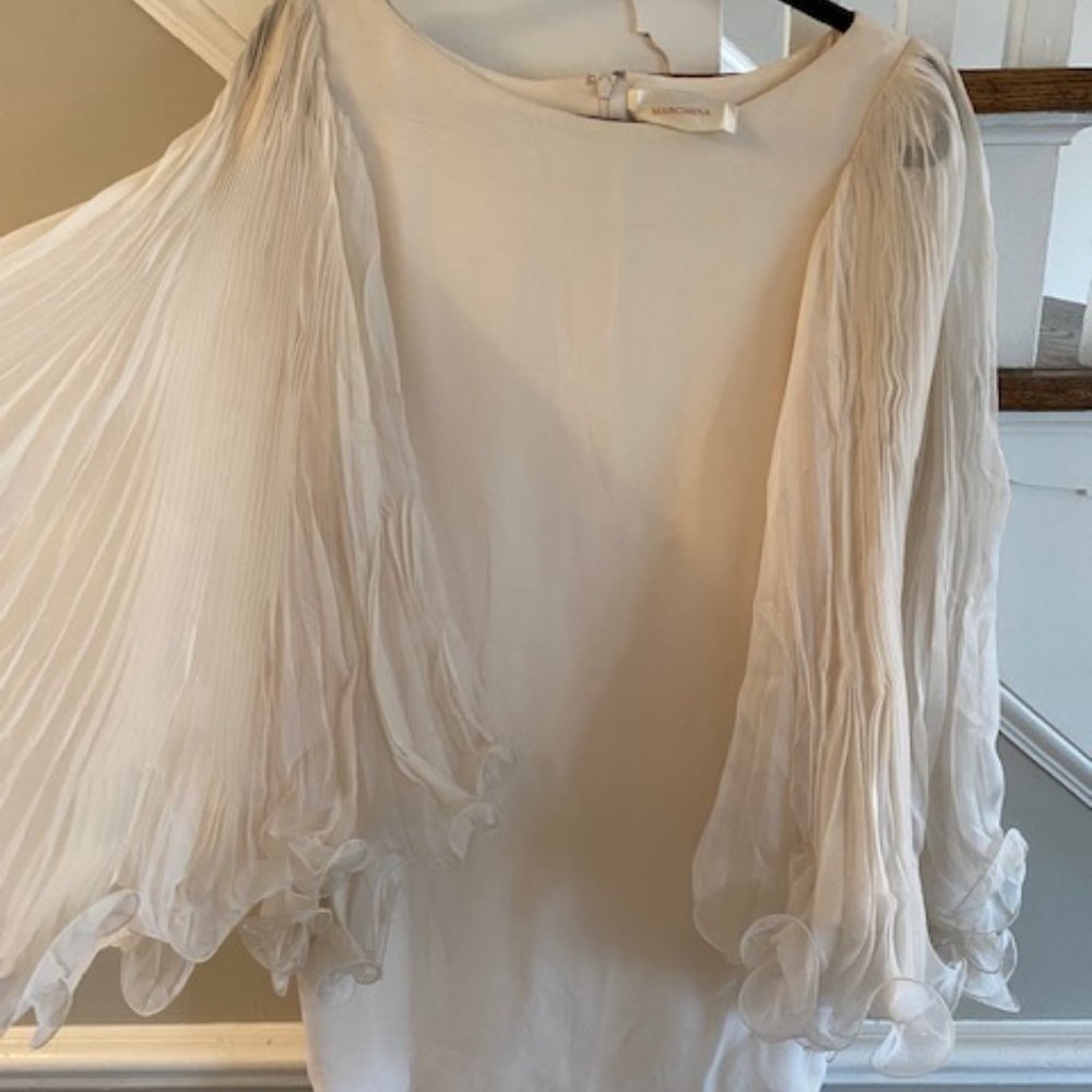 Marchesa Ivory White Pleated Chiffon Sleeve Dress Size 8 (S-M fit)